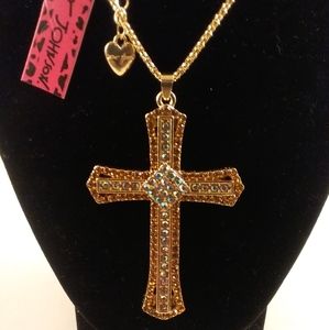 Betsey Johnson  Gold Multi Colored Gemstone Cross